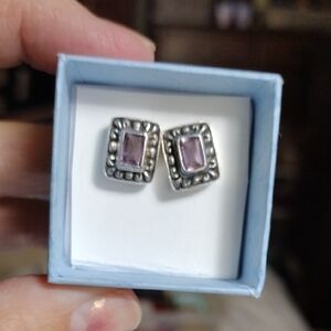 GENUINE 925 Silver and Amethyst Stud Earrings MARKED